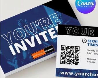 May include: A blue and black church invitation card with the text "You're Invite" and a QR code. The card also includes the text "Your Service Times" with the times listed for Sunday and Midweek services. The website address "www.yourchurch.com" is also included.