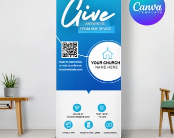 May include: A blue and white retractable banner with the word "Give" in large, stylized white text. The banner includes a QR code, a church icon, and the text "Anywhere, From Any Device."