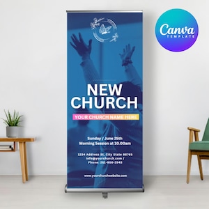 May include: A blue and white retractable banner with the text "NEW CHURCH" and "YOUR CHURCH NAME HERE". The banner also includes the text "Sunday/June 25th Morning Session at 10:00am", "1234 Address St, City State 98765", "info@yourchurch.com", "Phone: 251-956-2543", and "www.yourchurchwebsite.com".