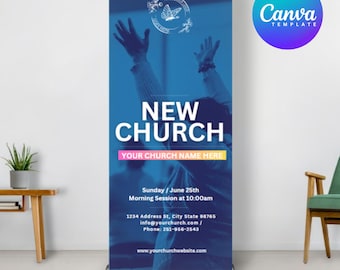 May include: A blue and white retractable banner with the text "NEW CHURCH" and "YOUR CHURCH NAME HERE". The banner also includes the text "Sunday/June 25th Morning Session at 10:00am", "1234 Address St, City State 98765", "info@yourchurch.com", "Phone: 251-956-2543", and "www.yourchurchwebsite.com".