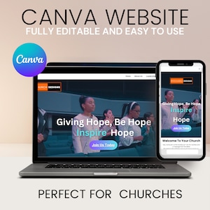 Puede incluir: Un ordenador portátil que muestra una maqueta de sitio web para una iglesia. El sitio web presenta una foto de un grupo de personas cantando y el texto "Giving Hope, Be Hope Inspire Hope". El sitio web también incluye un botón de llamada a la acción que dice "Join Us Today".