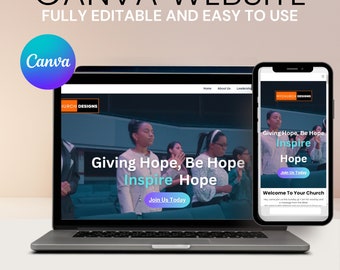 May include: A laptop computer displaying a website mockup for a church. The website features a photo of a group of people singing and the text "Giving Hope, Be Hope Inspire Hope". The website also includes a call to action button that says "Join Us Today".