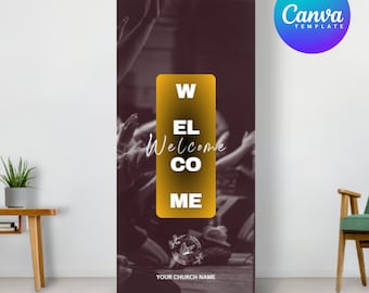 May include: A brown and white retractable banner with a gold rectangle in the center. The rectangle has the text "Welcome" in white and the text "W E L C O M E" in black. The banner also has the text "Your Church Name" at the bottom.