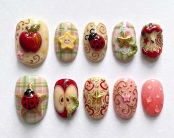 3D Apple & Ladybug Press On Nails | Cute Worm in Apple Nail Art | Whimsical Garden Theme False Nails | Eclectic Red Apple Glue On Nails