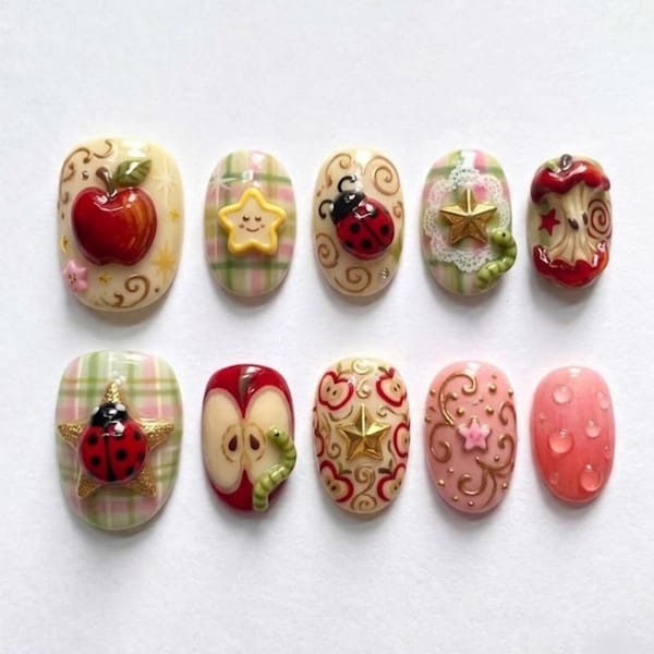 3D Apfel & Marienkäfer Drücken Sie auf die Nägel | Niedliche Wurm im Apfel Nail Art | Wunderliche Garten-Thema falsche Nägel | Eklektischer roter Apfel Kleber auf den Nägeln