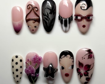 Avant-Garde Artistic Portrait Press on Nails - Hand-painted Retro Woman & Piano Key False Nails - Whimsical 3D Flower Orchid Nail Art