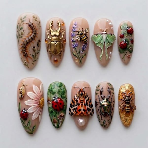 Vintage Entomology Press On Nails | 3D Beetle & Luna Moth Nail Art | Dark Cottagecore Insect Nails | Realistic Bee Ladybug False Nails
