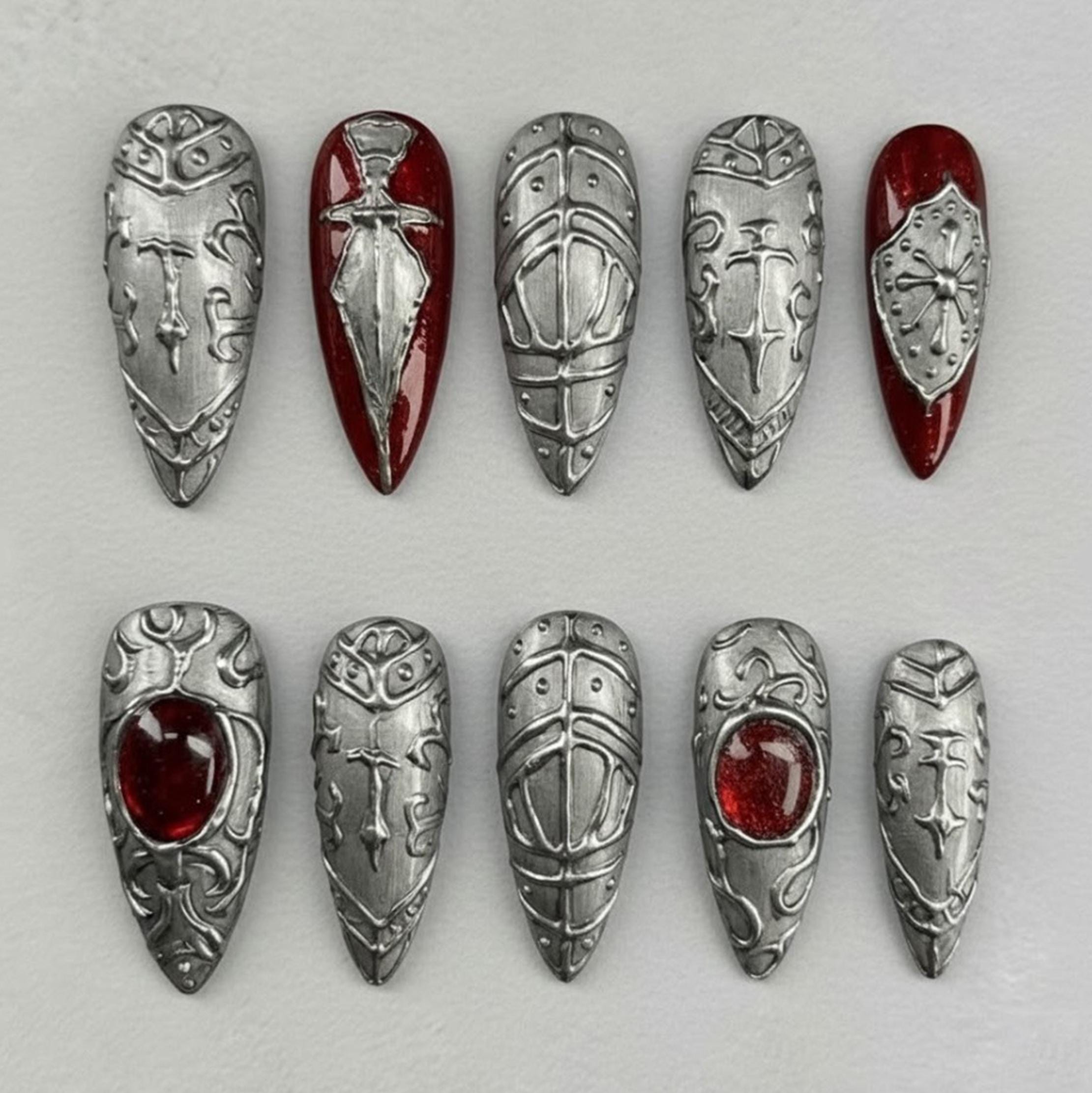 Handmade Medieval Armor Press on Nails | 3D Silver Knight Shield ...