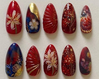 Japanische Spinnenlilie & Sakura Drücken Sie auf die Nägel - Handbemalte Rote Lycoris Blumennägel - Traditionelle Kimono-Stil 3D-Shell-Textur-Falsche Nägel