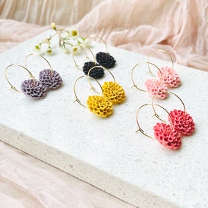 Hoop earring flower dahlia earring dangly hoop gold earring spring dahlia clay earring handmade gift for friend image 1