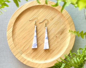 Fish hook earrings | marbled triangle earrings | long dangly earrings | purple clay earrings | gift for wife | elegant gift for her
