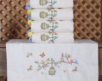 Set of 6 Bird Embroidered Hand and Face Towels with Pompom Gift Hand and Face Towel Set 50 x 90 Cm