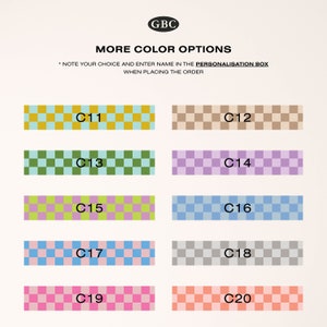 May include: A chart showing ten different color options for a product. The colors are displayed as checkered patterns in a variety of colors, including yellow, green, purple, blue, pink, and orange. Each color option is labeled with a code, such as "C11", "C12", and so on.
