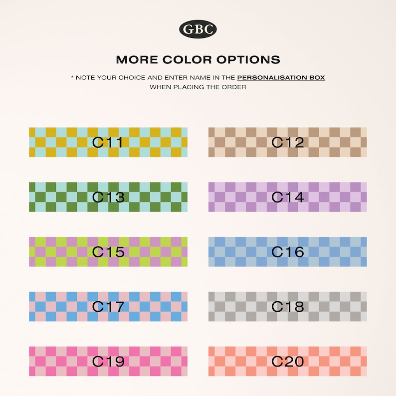 May include: A chart showing ten different color options for a product. The colors are displayed as checkered patterns in a variety of colors, including yellow, green, purple, blue, pink, and orange. Each color option is labeled with a code, such as "C11", "C12", and so on.