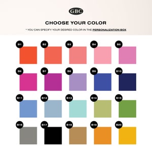 Puede incluir: Una carta de colores con veinte muestras de color, etiquetadas de B1 a B20, en varios tonos, incluyendo rojo, rosa, azul, verde y amarillo. El texto "CHOOSE YOUR COLOR" est&aacute; encima de las muestras, con instrucciones para especificar el color.