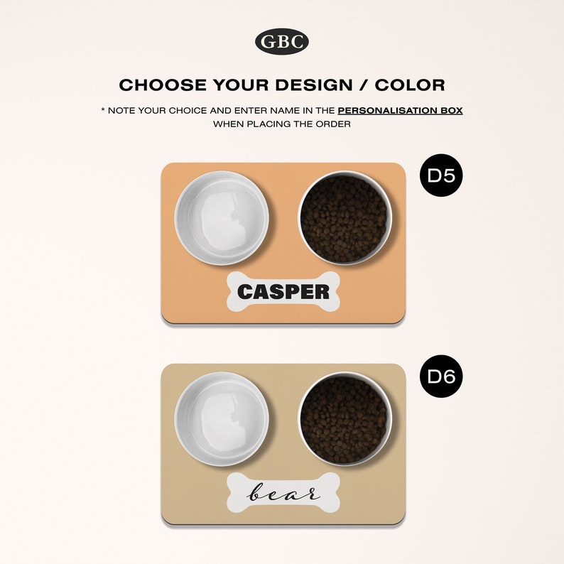 May include: Two sets of pet bowls with a bone-shaped name tag. The first set is orange with the name "CASPER" and the second set is beige with the name "bear".