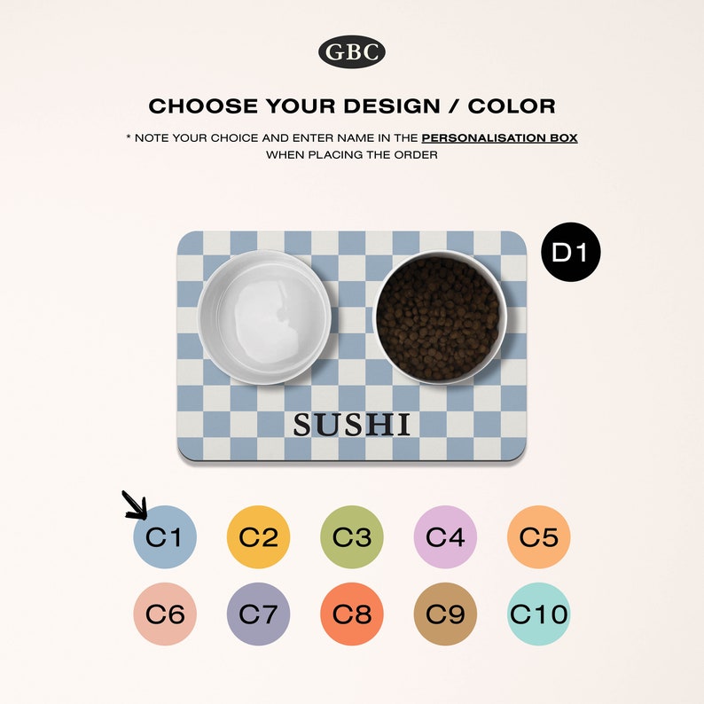 May include: A blue and white checkered pet food mat with two white bowls. One bowl is empty and the other bowl is filled with brown pet food. The mat has the word "SUSHI" printed on it. There are ten color swatches below the mat, labeled C1 through C10.