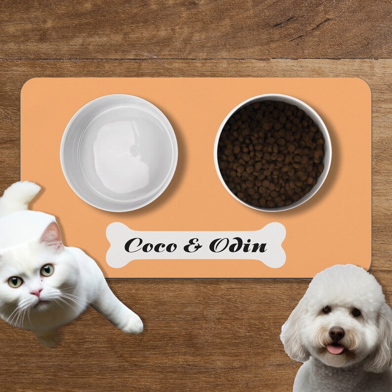 May include: A peach-colored silicone pet feeding mat with two white bowls. One bowl is filled with dry dog food and the other is empty. The mat has a white bone-shaped label with the text "Coco & Odin".