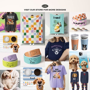 Puede incluir: Un collage de productos con tem&aacute;tica de mascotas, que incluye mantas, cuencos, camisetas y fundas para tel&eacute;fonos. Los art&iacute;culos presentan ilustraciones de perros y gatos, nombres y frases como "Frankie", "Cooper", "Taikio", "Mama Love" y "Max Luna Lucy". La paleta de colores incluye pasteles y tonos vibrantes.