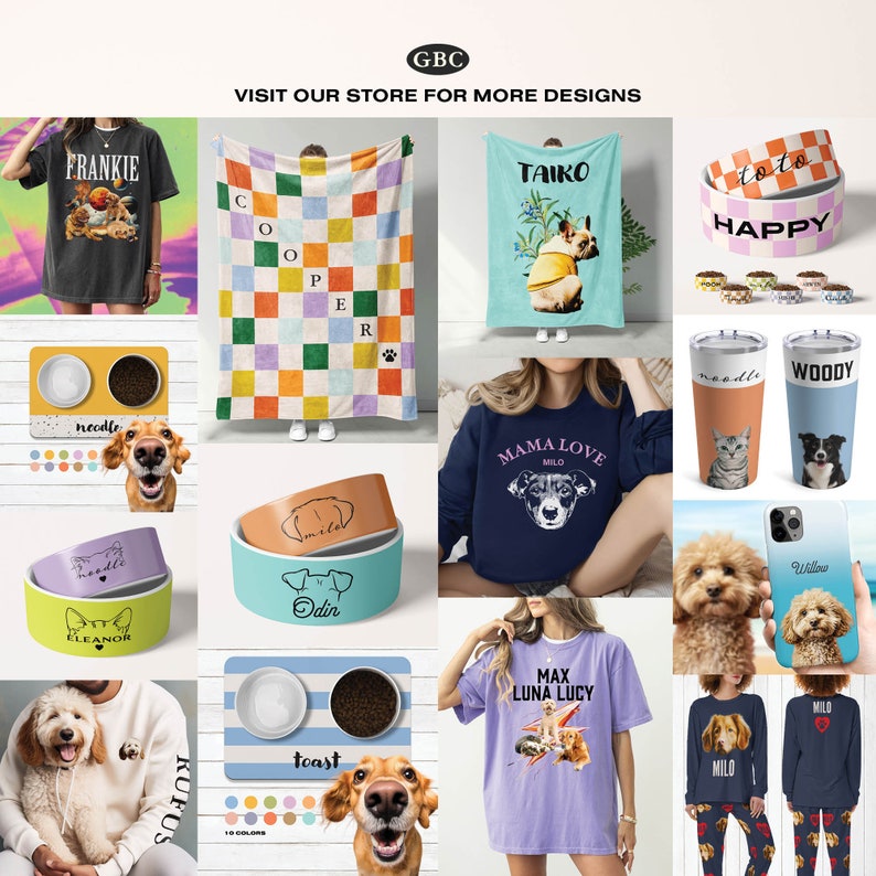 Puede incluir: Un collage de productos con tem&aacute;tica de mascotas, que incluye mantas, cuencos, camisetas y fundas para tel&eacute;fonos. Los art&iacute;culos presentan ilustraciones de perros y gatos, nombres y frases como "Frankie", "Cooper", "Taikio", "Mama Love" y "Max Luna Lucy". La paleta de colores incluye pasteles y tonos vibrantes.