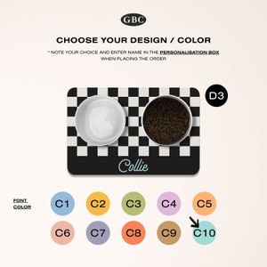 May include: A black and white checkered dog bowl mat with two white bowls. The mat has the word "Collie" printed on it in a light blue font. The mat is surrounded by ten color swatches labeled C1 through C10.