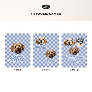 Puede incluir: Ejemplos de retratos personalizados de mascotas con caras de perros sobre un fondo a cuadros azul y blanco. Opciones para 1, 2 o 3 mascotas, con nombres como "Milo" y "Gelato" en fuente cursiva. El logotipo de GBC est&aacute; en la parte superior.
