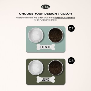 May include: Two sets of pet bowls, one with a light green background and the other with a dark green background. Each set includes a white bowl and a black bowl with brown food. The bowls are on a bone-shaped base with a name on it. The first set says "DIXIE" and the second set says "JUNO".