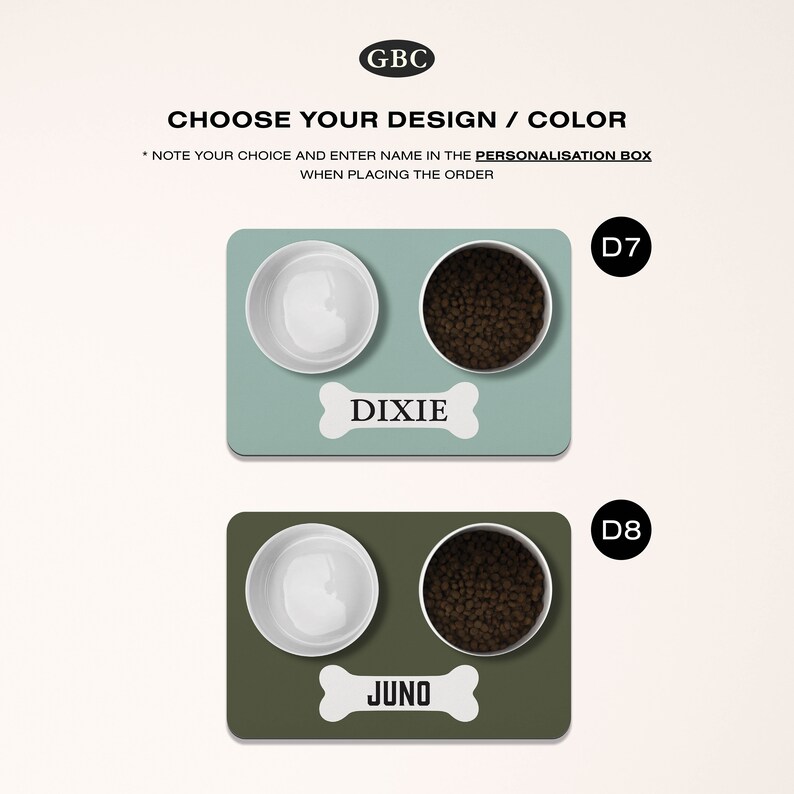 May include: Two sets of pet bowls, one with a light green background and the other with a dark green background. Each set includes a white bowl and a black bowl with brown food. The bowls are on a bone-shaped base with a name on it. The first set says "DIXIE" and the second set says "JUNO".