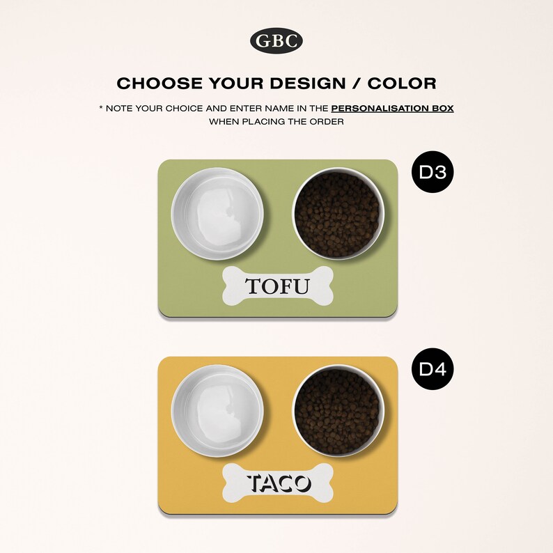 May include: Two dog bowls, one white and one with brown food, on a green mat with the word "TOFU" on a bone-shaped tag.  The second set of bowls is on a yellow mat with the word "TACO" on a bone-shaped tag.