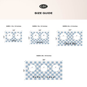 May include: Size guide for custom pet feeding mats with different sizes and names. The mats are checkered in blue and white with a white border. The mats are available in 16 x 10 inches, 18 x 12 inches, 24 x 14 inches, and 36 x 18 inches.