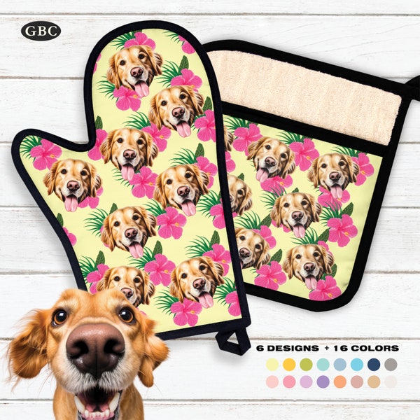 Aangepaste hond ovenwanten, gepersonaliseerde ovenwanten met huisdier foto, grappige ovenwant en pannenlap set huisdier gezicht, leuk cadeau voor hond moeder puppy cadeau