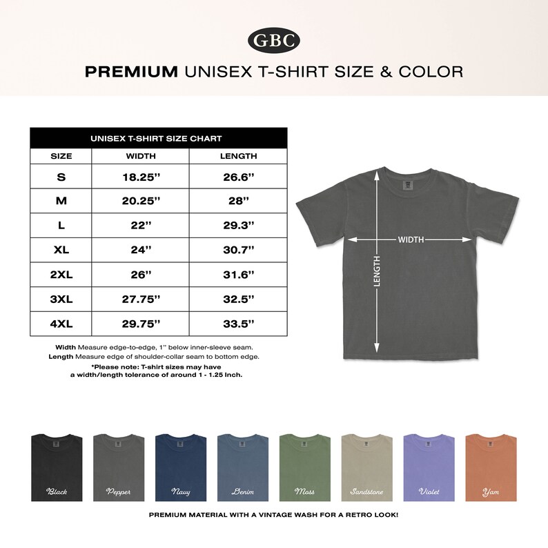 May include: Unisex t-shirt size chart with measurements in inches. The chart shows the width and length of the t-shirt for sizes S through 4XL. The chart is accompanied by a graphic of a charcoal grey t-shirt with the words "WIDTH" and "LENGTH" labeled on the graphic. Below the chart is a row of nine color swatches with the names "Black", "Pepper", "Navy", "Berin", "Mass", "Sandstone", "Violet", and "Yam" written below each swatch. The text "PREMIUM MATERIAL WITH A VINTAGE WASH FOR A RETRO LOOK!" is written below the color swatches.