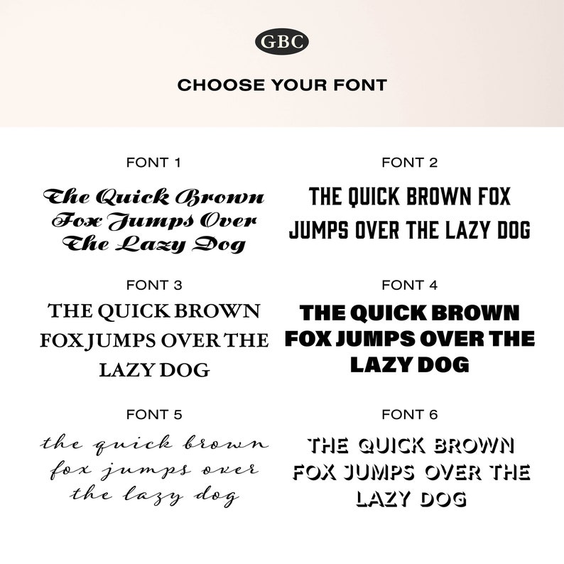 May include: A graphic showing six different font styles for the phrase "The Quick Brown Fox Jumps Over The Lazy Dog".