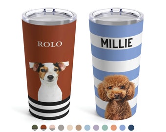 May include: Two personalized stainless steel tumblers with dog portraits and names. The tumbler on the left is brown with black stripes and features a Jack Russell Terrier with the name "ROLO". The tumbler on the right is blue with white stripes and features a Poodle with the name "MILLIE".