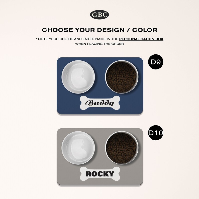 May include: Two sets of pet bowls, one blue and one gray. Each set includes a water bowl and a food bowl. The blue set has the name "Buddy" on a bone-shaped tag. The gray set has the name "Rocky" on a bone-shaped tag.