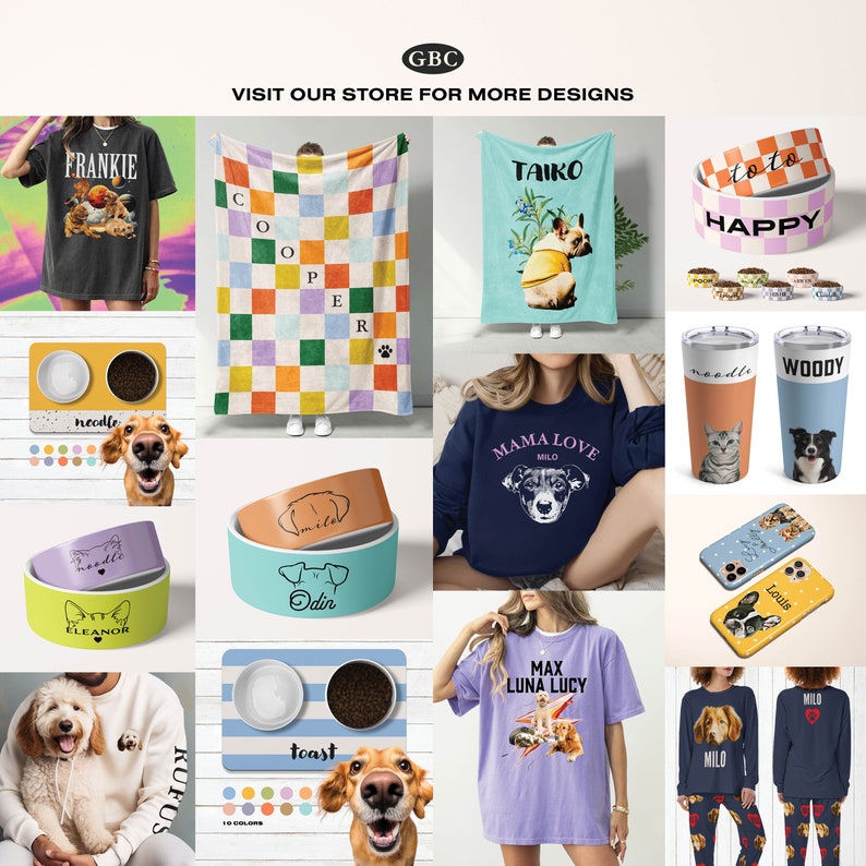 May include: A collection of personalized dog-themed products, including blankets, t-shirts, mugs, phone cases, and dog bowls. The products feature various dog breeds and designs, such as "Frankie", "Cooper", "Taiko", "Mama Love Milo", "Max Luna Lucy", "Toast", and "Woody".