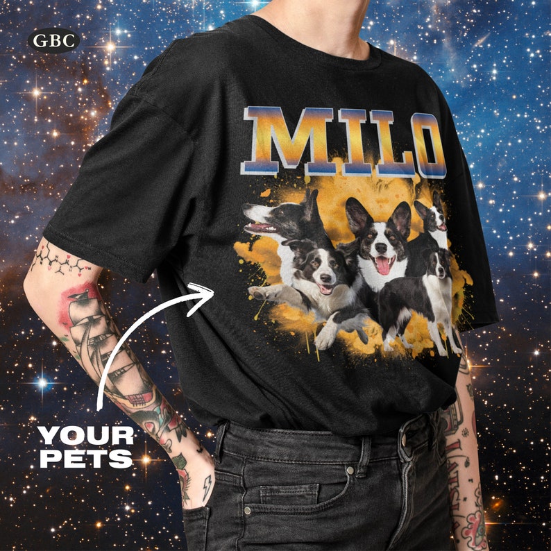May include: Black t-shirt with a yellow and orange graphic of four dogs. The dogs are a corgi, a border collie, and two other dogs. The text "MILO" is printed in yellow and blue letters on the shirt.