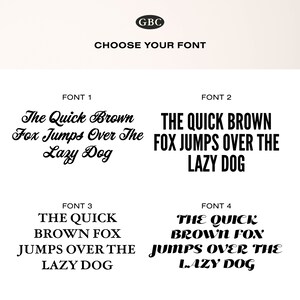 Puede incluir: Imagen que muestra cuatro estilos de fuente diferentes. El texto "The Quick Brown Fox Jumps Over The Lazy Dog" se muestra en cada fuente. La imagen tambi&eacute;n incluye el texto "CHOOSE YOUR FONT" y las letras "GBC".