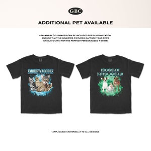 May include: Two black t-shirts with colorful graphic designs featuring pets. The left shirt has a design of three cats with the text "Smokey Noodle". The right shirt has a design of three dogs with the text "Charlie Luca Bella".