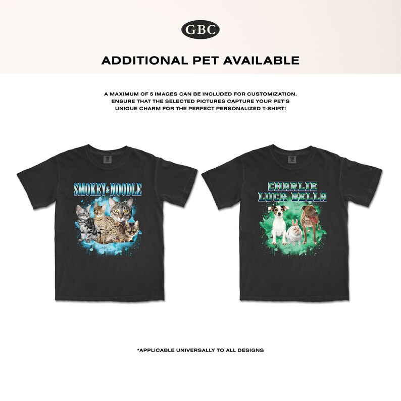 May include: Two black t-shirts with colorful graphic designs featuring pets. The left shirt has a design of three cats with the text "Smokey Noodle". The right shirt has a design of three dogs with the text "Charlie Luca Bella".