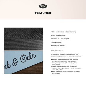 May include: A blue and white mouse pad with the text "Ink & Odin" printed on it. The mouse pad has a non-skid natural rubber backing and a soft neoprene top. It is similar to a mouse pad and is easy to clean. The mouse pad is printed in the USA.