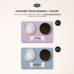 May include: Two pet food bowls with a bone-shaped name tag. The bowls are on a purple mat with the name "Lily" on the tag. The second set of bowls is on a blue mat with the name "Woody" on the tag.