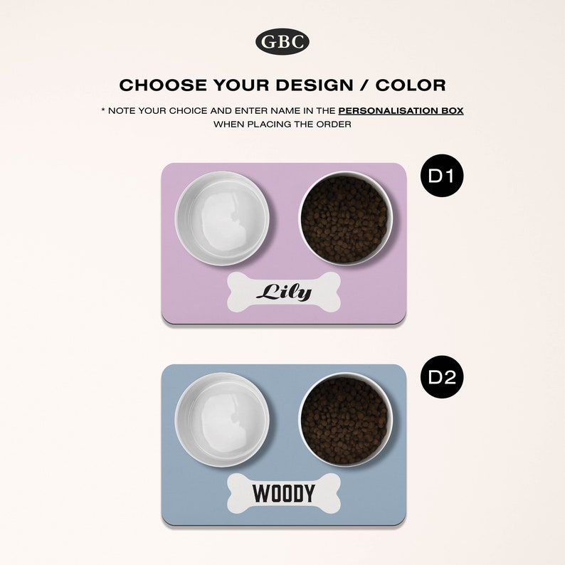 May include: Two pet food bowls with a bone-shaped name tag. The bowls are on a purple mat with the name "Lily" on the tag. The second set of bowls is on a blue mat with the name "Woody" on the tag.