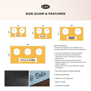 May include: A size guide for dog bowls with three different sizes: 16 inches, 18 inches, and 24 inches. The bowls are yellow with a bone design and the names "Taco", "Buddy", and "Woody" printed on them. The guide also includes a larger 36-inch bowl with three bowls and the name "Coco & Odin". The guide includes care instructions for the bowls, such as machine washing and air drying.