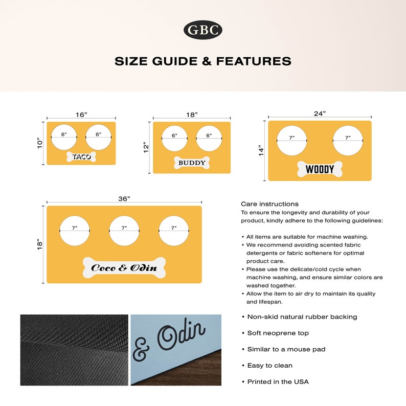 May include: A size guide for dog bowls with three different sizes: 16 inches, 18 inches, and 24 inches. The bowls are yellow with a bone design and the names "Taco", "Buddy", and "Woody" printed on them. The guide also includes a larger 36-inch bowl with three bowls and the name "Coco & Odin". The guide includes care instructions for the bowls, such as machine washing and air drying.