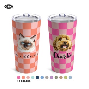 Custom Pet Portrait Tumbler With Pet Name Photo, Custom Dog Tumbler Personalized Cat Mug, Custom Checkered Tumbler Puppy Gift PetTravel Mug