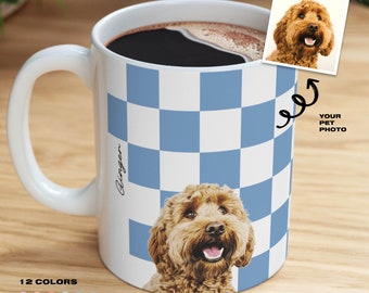 Custom Dog Mug Pet Photo Name Mug Personalized Pet Portrait Custom Puppy Gift Pet Mug Custom Checkered Ceramic Cup Cat Coffee Mug, Cat Dad
