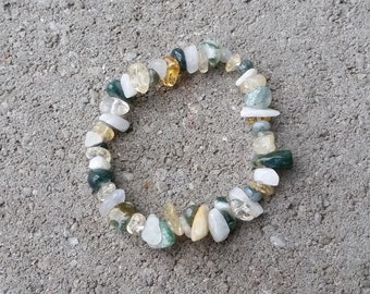 Soleil, lune, terre : citrine, pierre de lune, agate mousse - Bracelet extensible avec éclats de cristal - Opportunité, succès, connexion