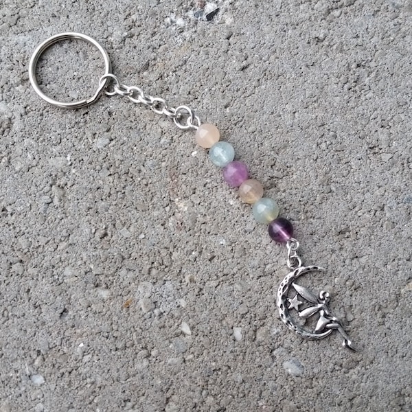 Fluorite, Aquamarine, Moonstone - Crystal Keychain - Moon Fairy Charm - Natural Stone - Intuition, Emotional Intelligence, Communication