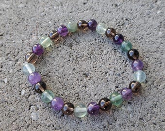 Protection : quartz fumé, améthyste, fluorite - Bracelet extensible en cristal - Pierre naturelle - Vaincre la peur, Prévenir les cauchemars, Sécurité paranormale